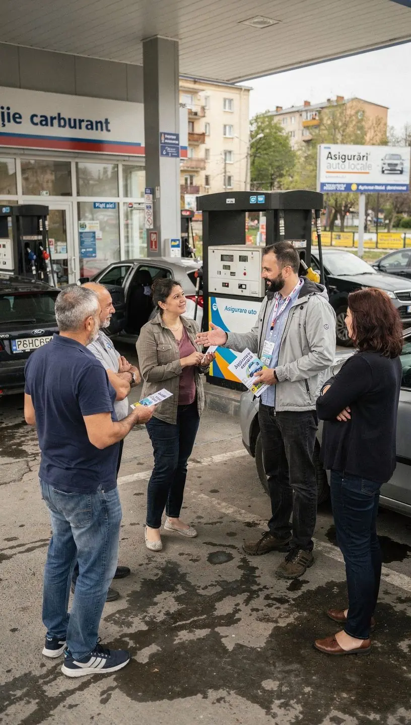 Imagine cu un agent de asigurări discutând cu un client despre opțiunile de asigurare auto.